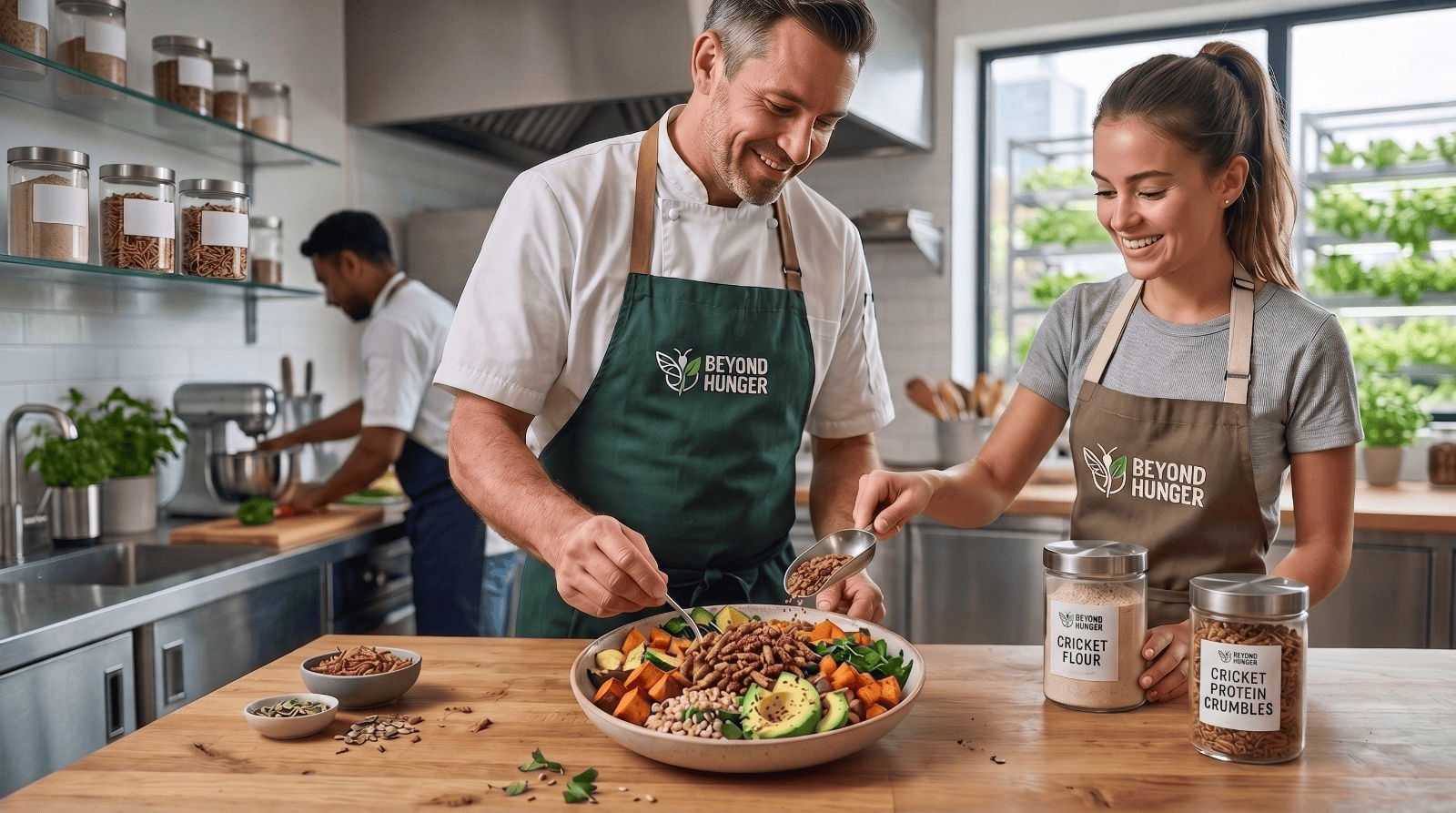 The Beyond Hunger kitchen — cricket flour and insect protein dishes being prepared